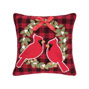 Cardinal Plaid Wreath Decorative Pillow